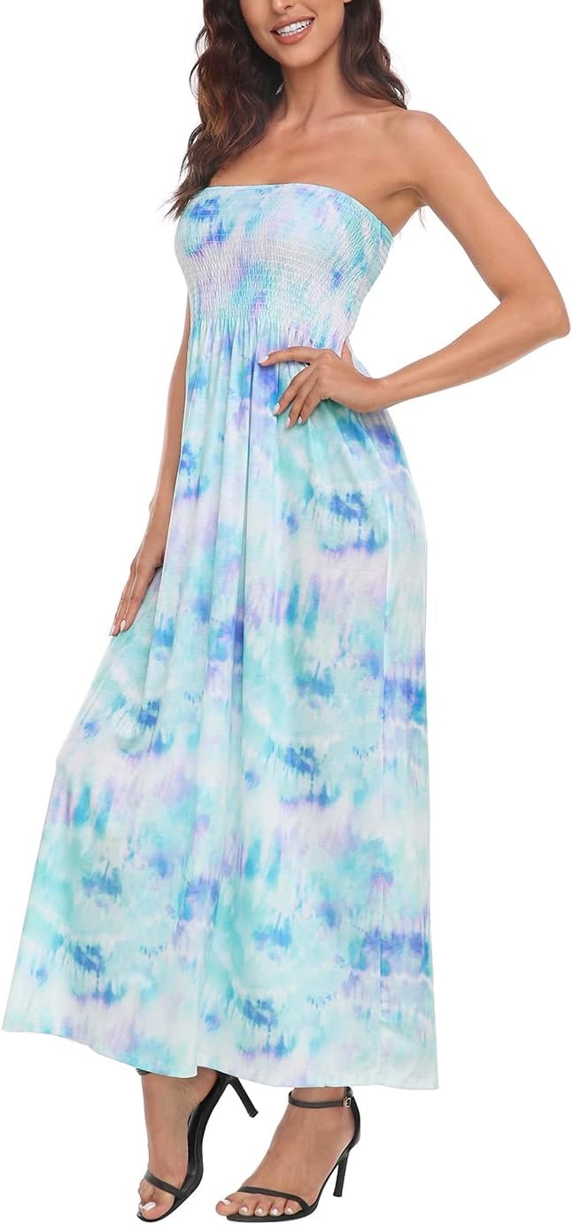 image:imageHDE Womens Strapless Maxi Dress Plus Size Summer Sundress Smocked Tube Top Long Skirt Dress Boho Beach Cover UpTie Dye
