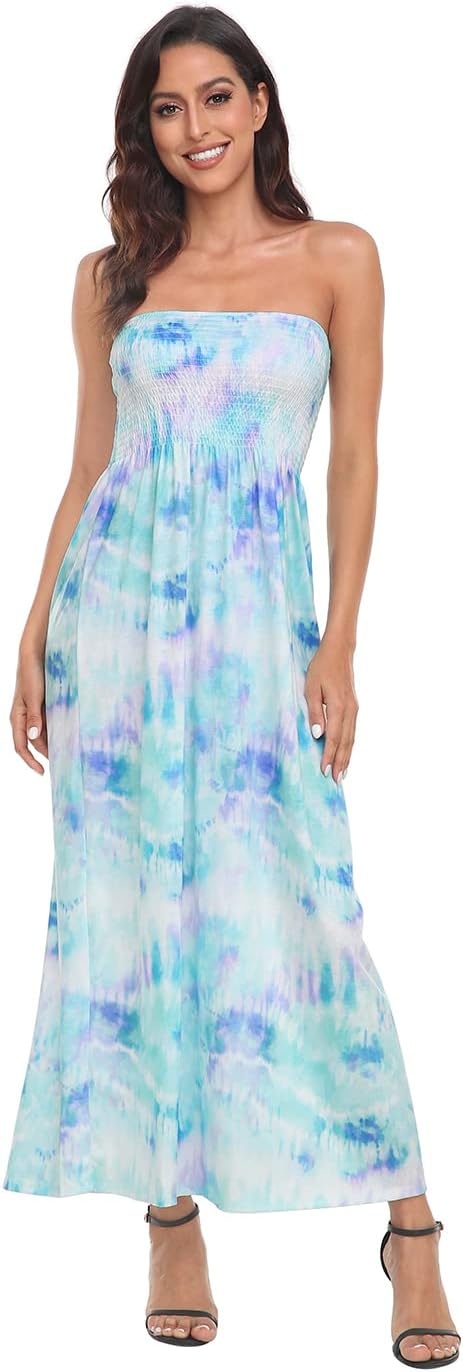 image:imageHDE Womens Strapless Maxi Dress Plus Size Summer Sundress Smocked Tube Top Long Skirt Dress Boho Beach Cover UpTie Dye