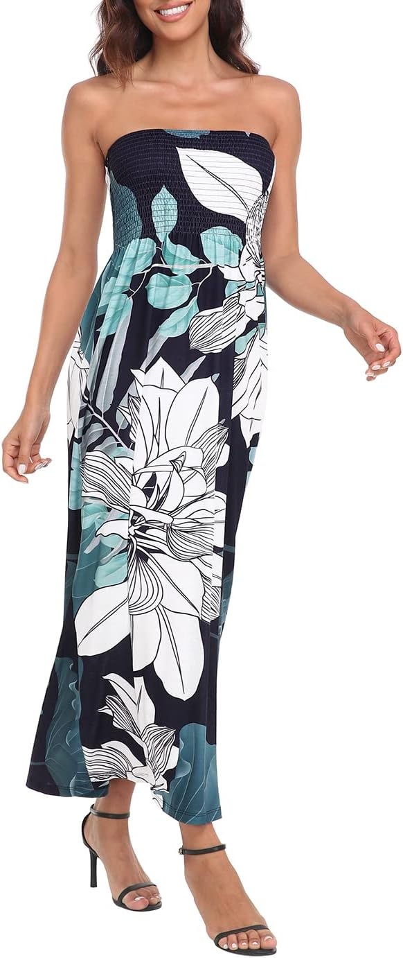 image:imageHDE Womens Strapless Maxi Dress Plus Size Summer Sundress Smocked Tube Top Long Skirt Dress Boho Beach Cover UpUnfinished Floral