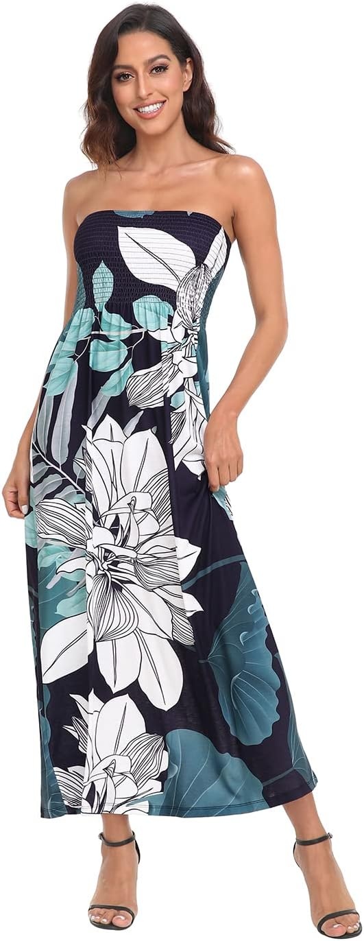 image:imageHDE Womens Strapless Maxi Dress Plus Size Summer Sundress Smocked Tube Top Long Skirt Dress Boho Beach Cover UpUnfinished Floral