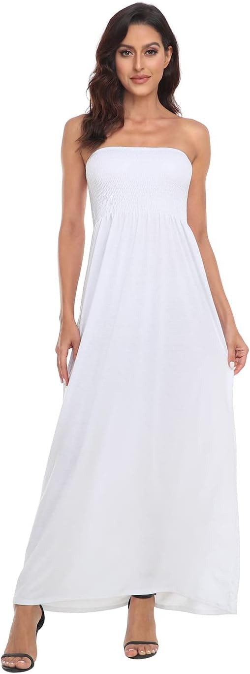 image:imageHDE Womens Strapless Maxi Dress Plus Size Summer Sundress Smocked Tube Top Long Skirt Dress Boho Beach Cover UpWhite