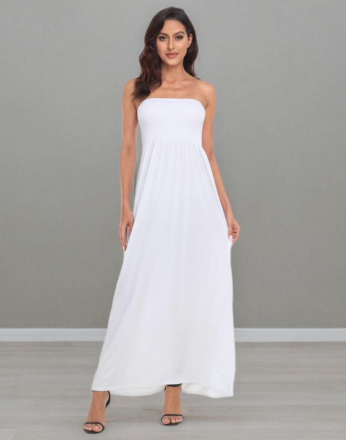 image:imageHDE Womens Strapless Maxi Dress Plus Size Summer Sundress Smocked Tube Top Long Skirt Dress Boho Beach Cover UpWhite