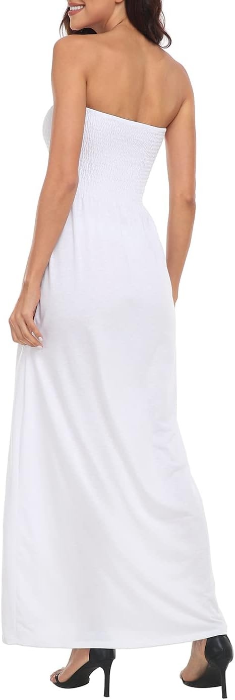image:imageHDE Womens Strapless Maxi Dress Plus Size Summer Sundress Smocked Tube Top Long Skirt Dress Boho Beach Cover UpWhite
