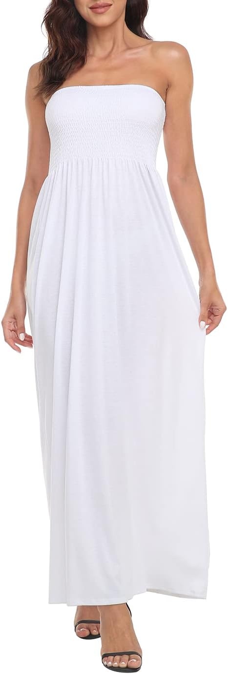 image:imageHDE Womens Strapless Maxi Dress Plus Size Summer Sundress Smocked Tube Top Long Skirt Dress Boho Beach Cover UpWhite