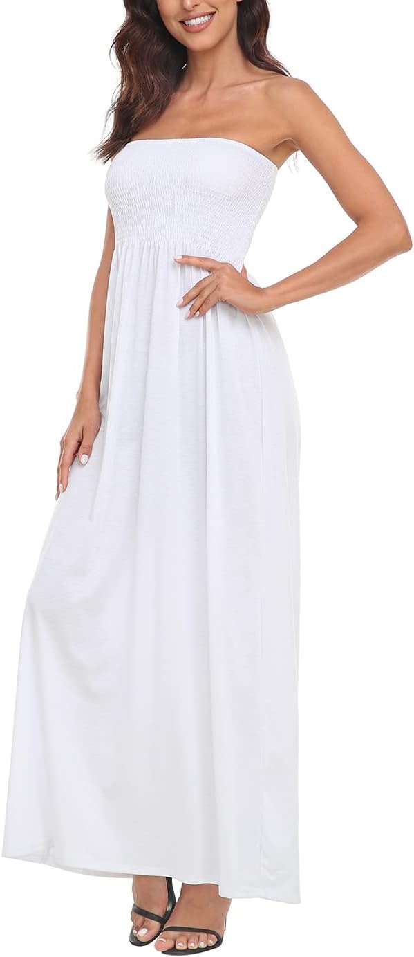 image:imageHDE Womens Strapless Maxi Dress Plus Size Summer Sundress Smocked Tube Top Long Skirt Dress Boho Beach Cover UpWhite