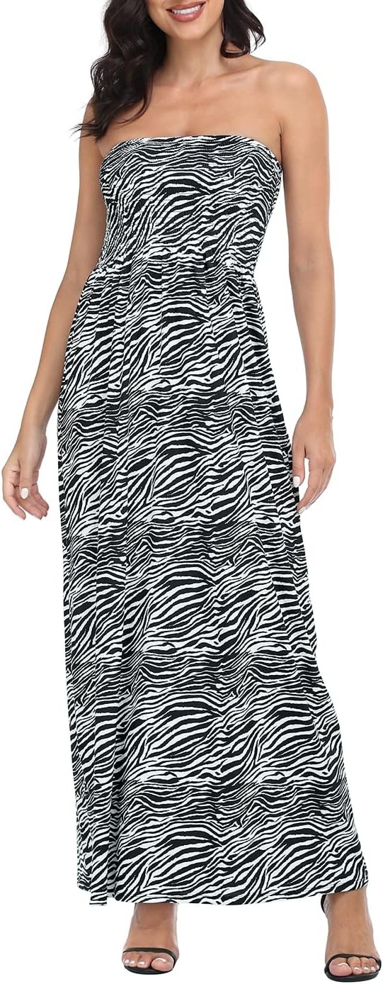 image:imageHDE Womens Strapless Maxi Dress Plus Size Summer Sundress Smocked Tube Top Long Skirt Dress Boho Beach Cover UpZebra