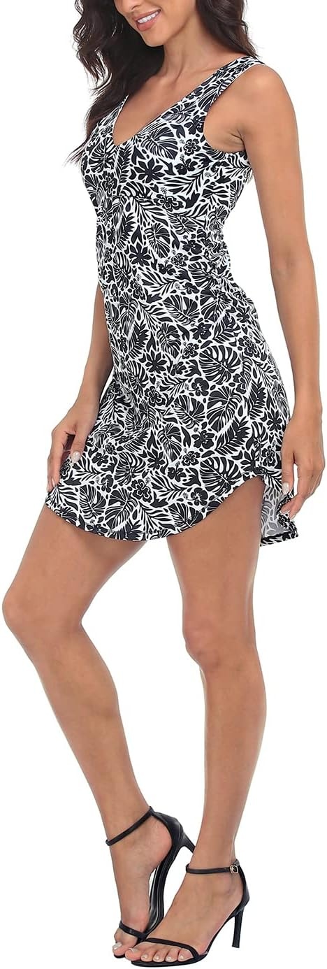image:imageHDE Womens Travel Dress Wrinkle Free Sleeveless VNeck Dress with Builtin BraTropical Leaf
