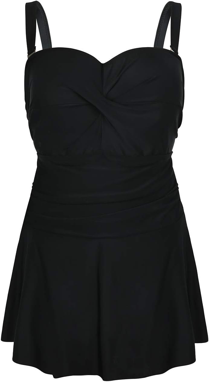 image:imageHDE Womens Twist Front Swim Dress Vintage Plus Size Swimming Suit SkirtiniBlack