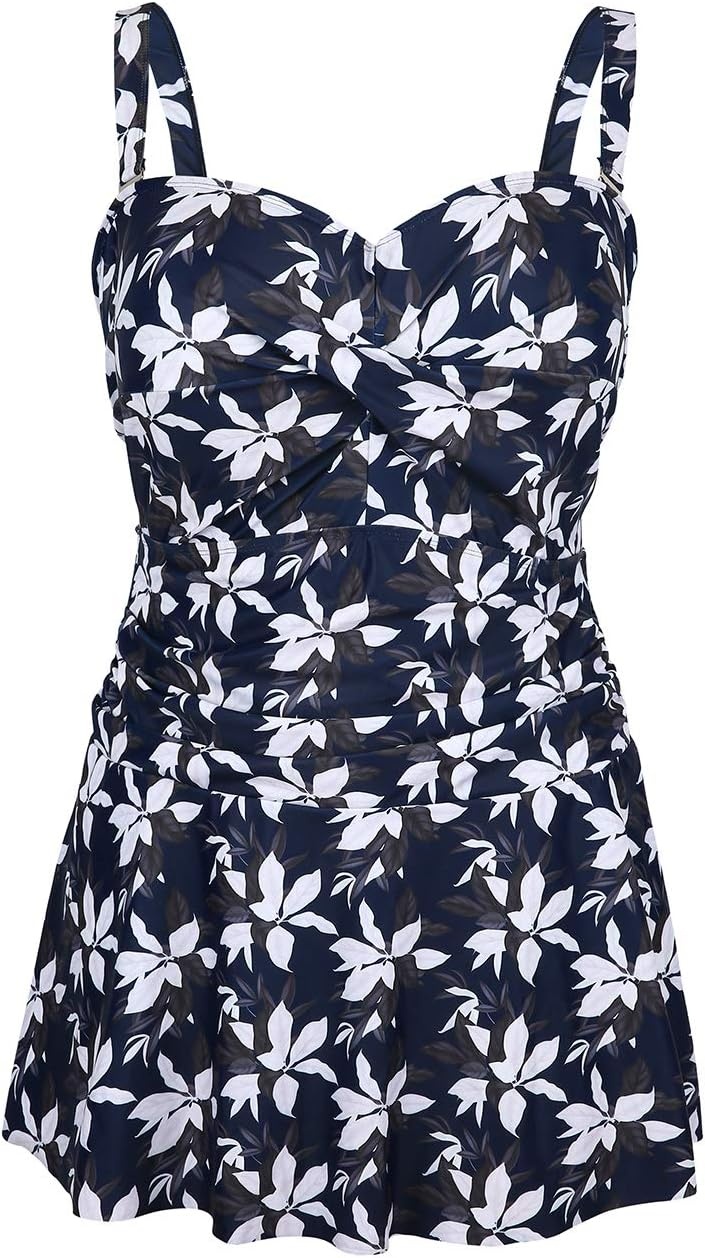 image:imageHDE Womens Twist Front Swim Dress Vintage Plus Size Swimming Suit SkirtiniBlack White Magnolia