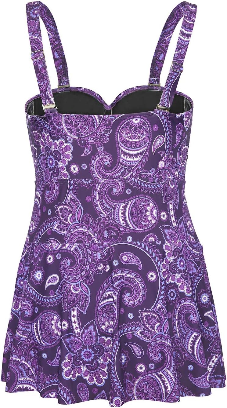 image:imageHDE Womens Twist Front Swim Dress Vintage Plus Size Swimming Suit SkirtiniPurple Paisley