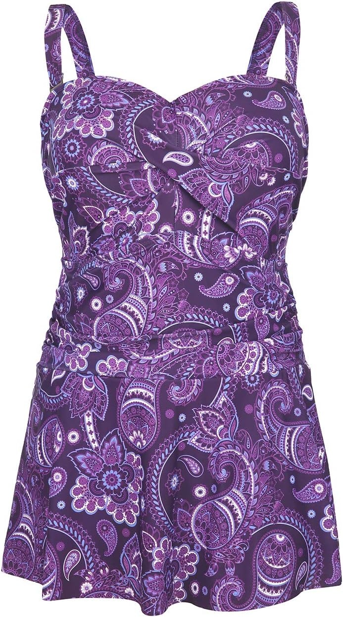image:imageHDE Womens Twist Front Swim Dress Vintage Plus Size Swimming Suit SkirtiniPurple Paisley