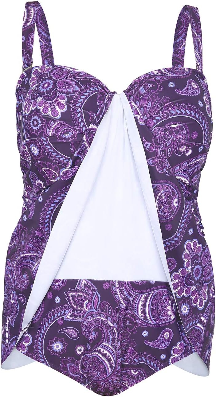 image:imageHDE Womens Twist Front Swim Dress Vintage Plus Size Swimming Suit SkirtiniPurple Paisley