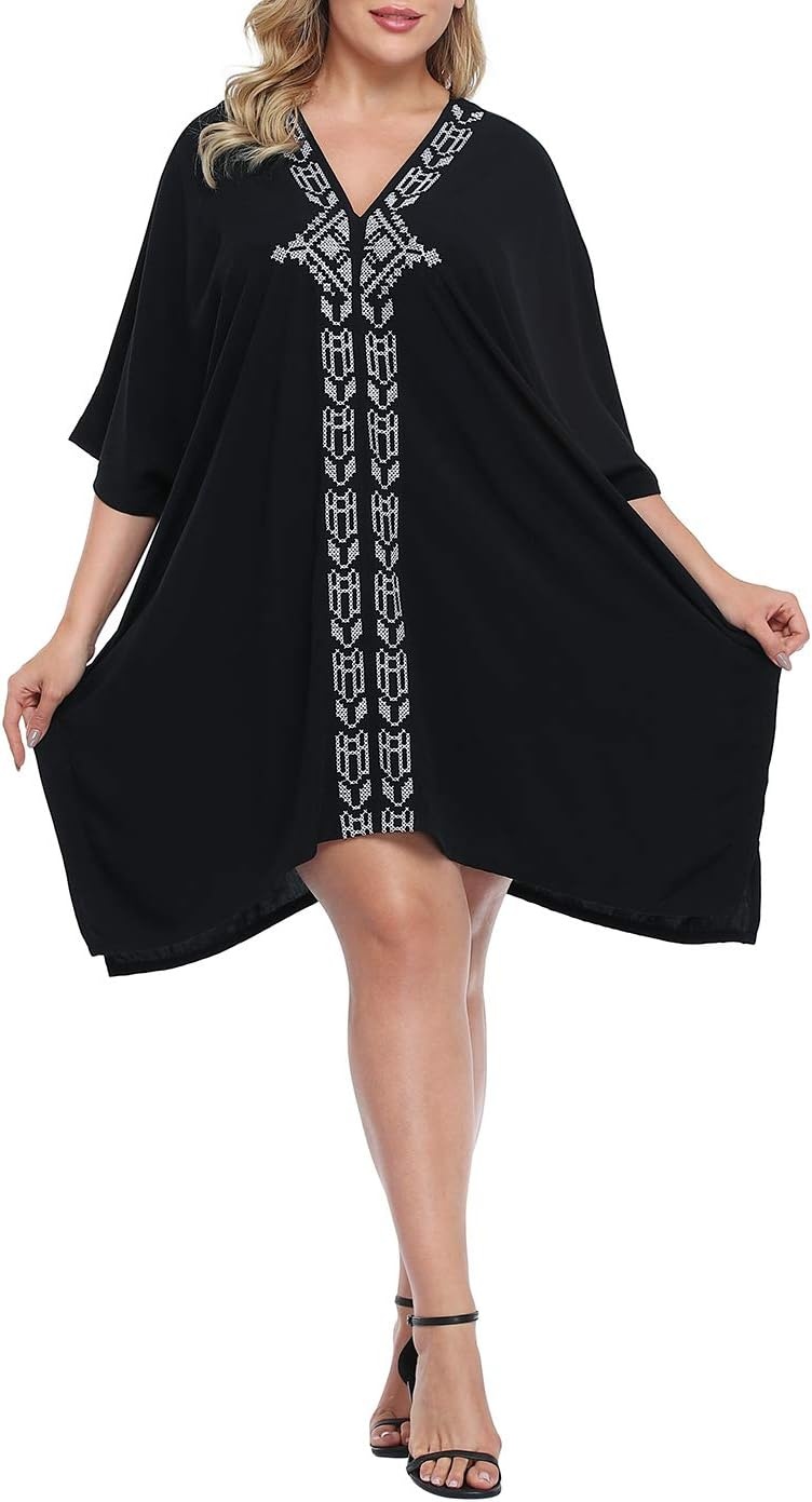 image:imageHDE Womens UPF 30 Short Kaftan Cover Up Oversize Plus Size Swimsuit Shirt DressBlack