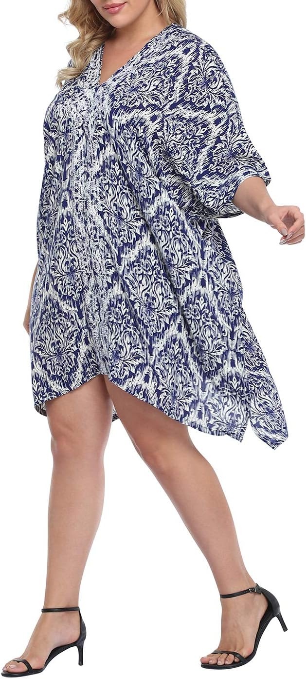 image:imageHDE Womens UPF 30 Short Kaftan Cover Up Oversize Plus Size Swimsuit Shirt DressNavy Damask