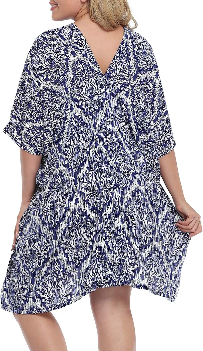 image:imageHDE Womens UPF 30 Short Kaftan Cover Up Oversize Plus Size Swimsuit Shirt DressNavy Damask