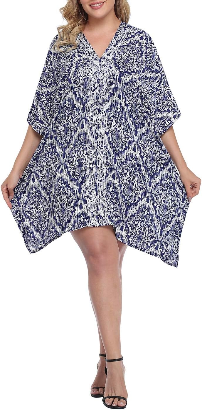image:imageHDE Womens UPF 30 Short Kaftan Cover Up Oversize Plus Size Swimsuit Shirt DressNavy Damask