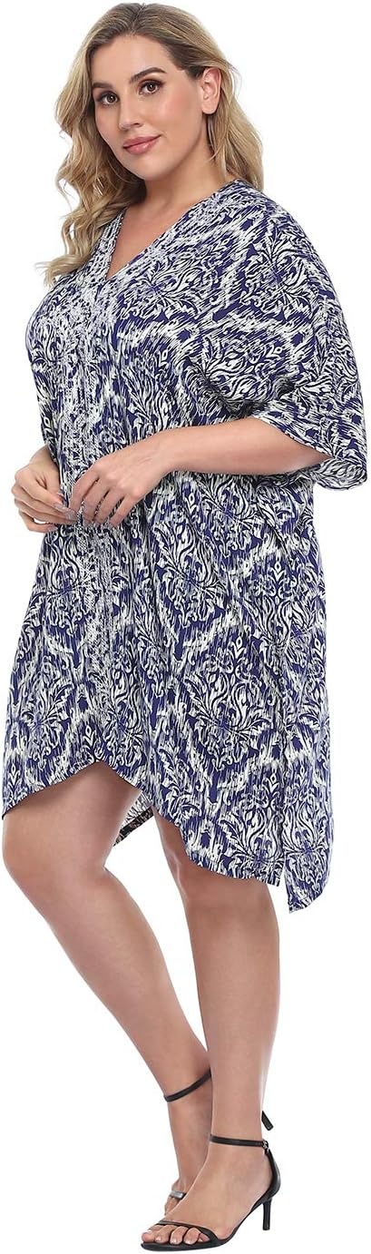 image:imageHDE Womens UPF 30 Short Kaftan Cover Up Oversize Plus Size Swimsuit Shirt DressNavy Damask