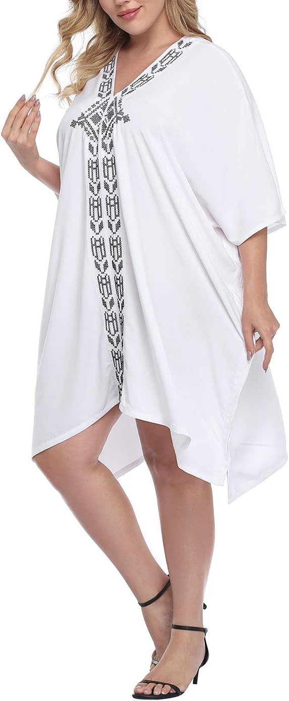 image:imageHDE Womens UPF 30 Short Kaftan Cover Up Oversize Plus Size Swimsuit Shirt DressWhite