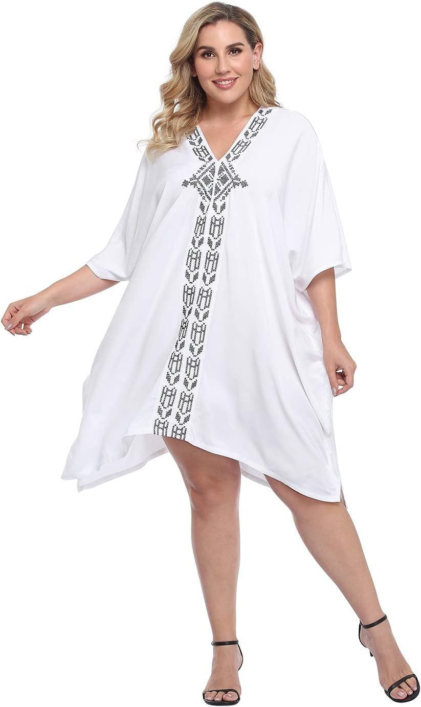 image:imageHDE Womens UPF 30 Short Kaftan Cover Up Oversize Plus Size Swimsuit Shirt DressWhite