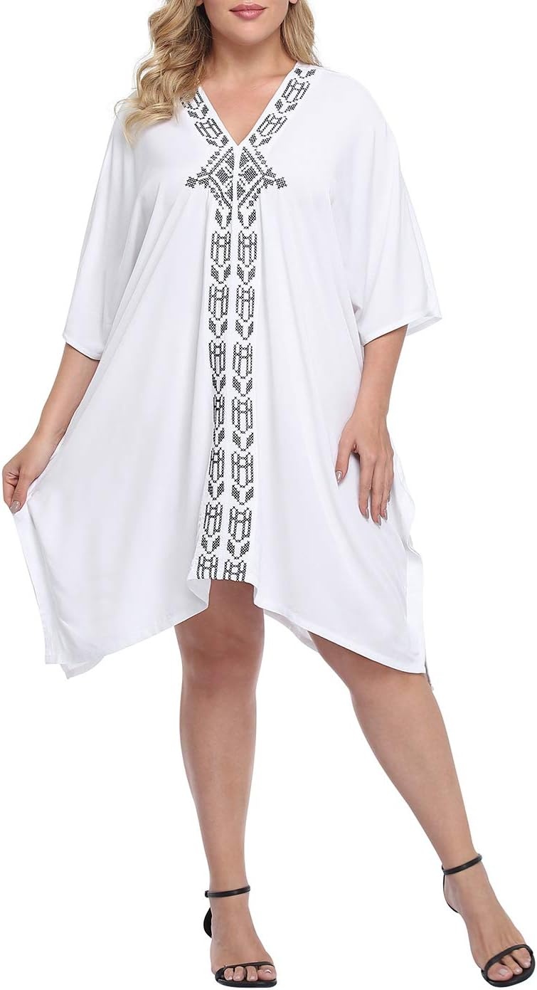 image:imageHDE Womens UPF 30 Short Kaftan Cover Up Oversize Plus Size Swimsuit Shirt DressWhite