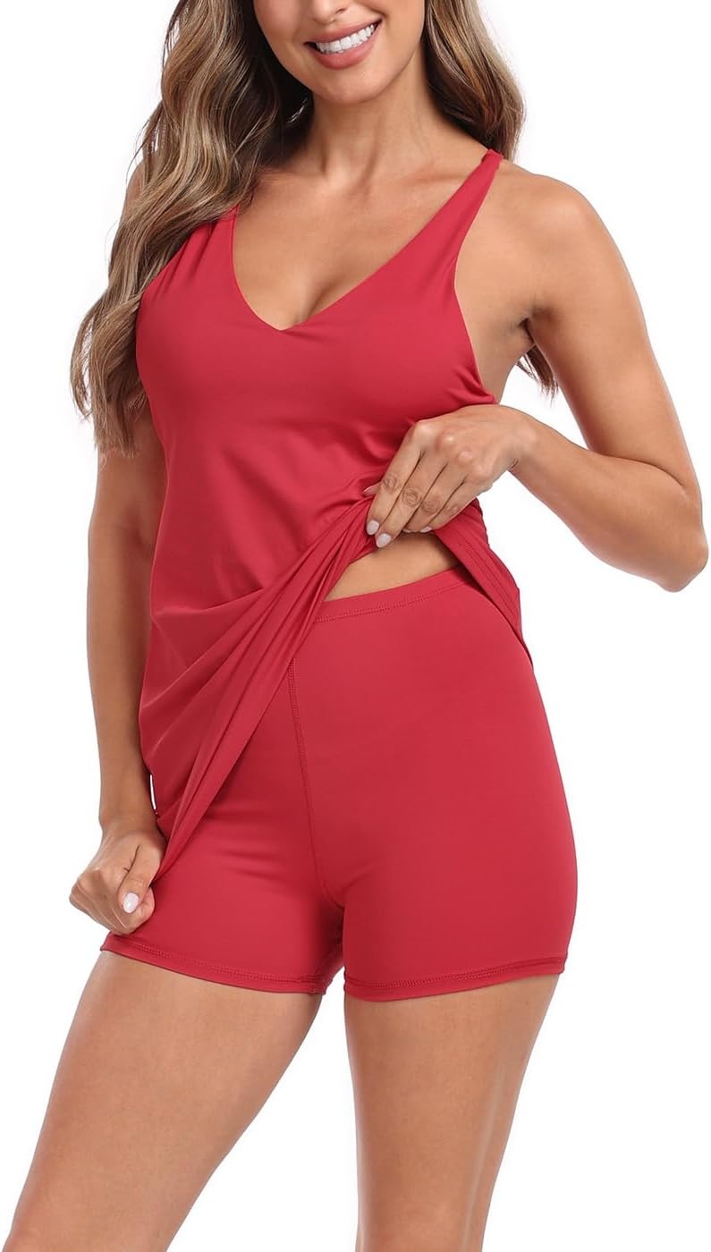 image:imageHDE Womens VNeck Exercise Tennis Dress with Built in Bra and Separate ShortsRed