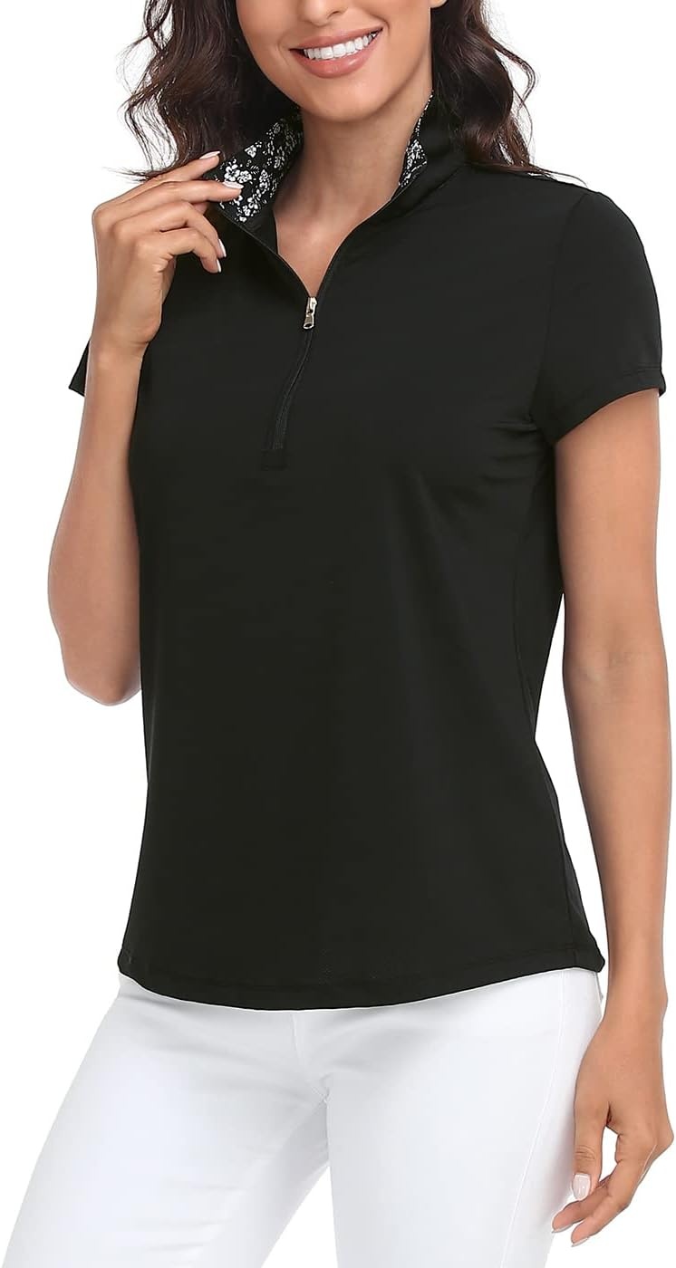 image:imageLRD Womens Golf Polo Shirt Short Sleeve Quarter Zip Mock Neck Tennis Shirt UPF 30 Sun Protection Quick Dry Performance TopBlack Aloha