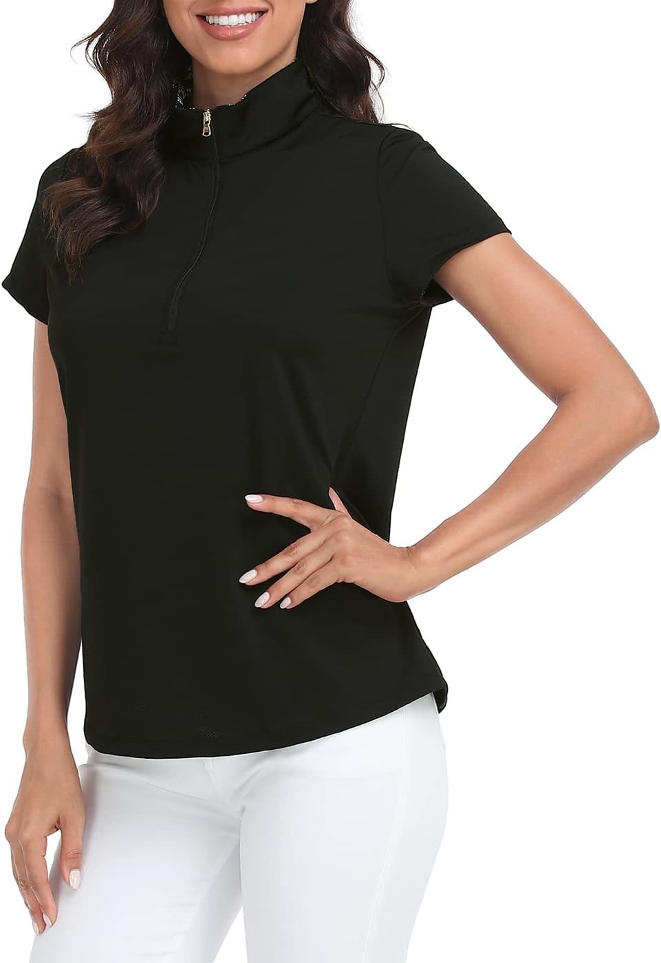 image:imageLRD Womens Golf Polo Shirt Short Sleeve Quarter Zip Mock Neck Tennis Shirt UPF 30 Sun Protection Quick Dry Performance TopBlack Aloha