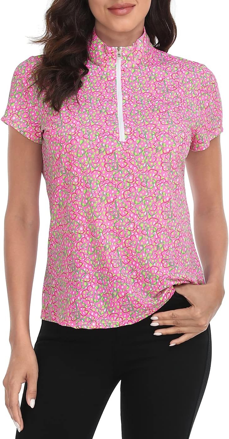 image:imageLRD Womens Golf Polo Shirt Short Sleeve Quarter Zip Mock Neck Tennis Shirt UPF 30 Sun Protection Quick Dry Performance TopDot Floral Pink