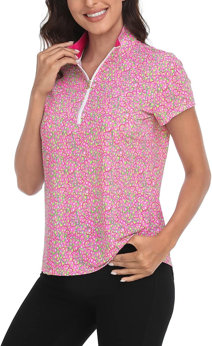 image:imageLRD Womens Golf Polo Shirt Short Sleeve Quarter Zip Mock Neck Tennis Shirt UPF 30 Sun Protection Quick Dry Performance TopDot Floral Pink