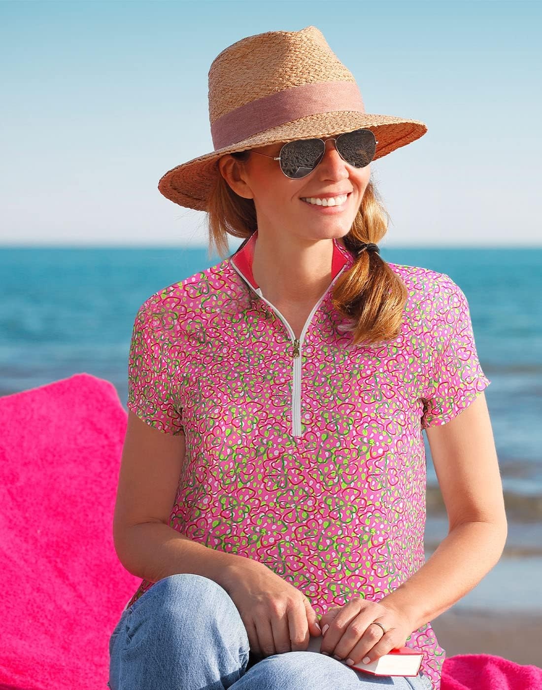 image:imageLRD Womens Golf Polo Shirt Short Sleeve Quarter Zip Mock Neck Tennis Shirt UPF 30 Sun Protection Quick Dry Performance TopDot Floral Pink