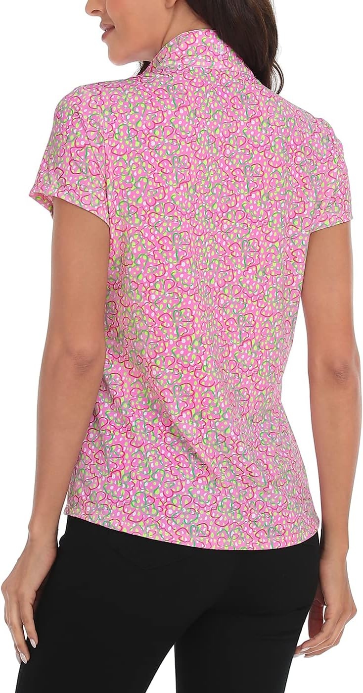 image:imageLRD Womens Golf Polo Shirt Short Sleeve Quarter Zip Mock Neck Tennis Shirt UPF 30 Sun Protection Quick Dry Performance TopDot Floral Pink