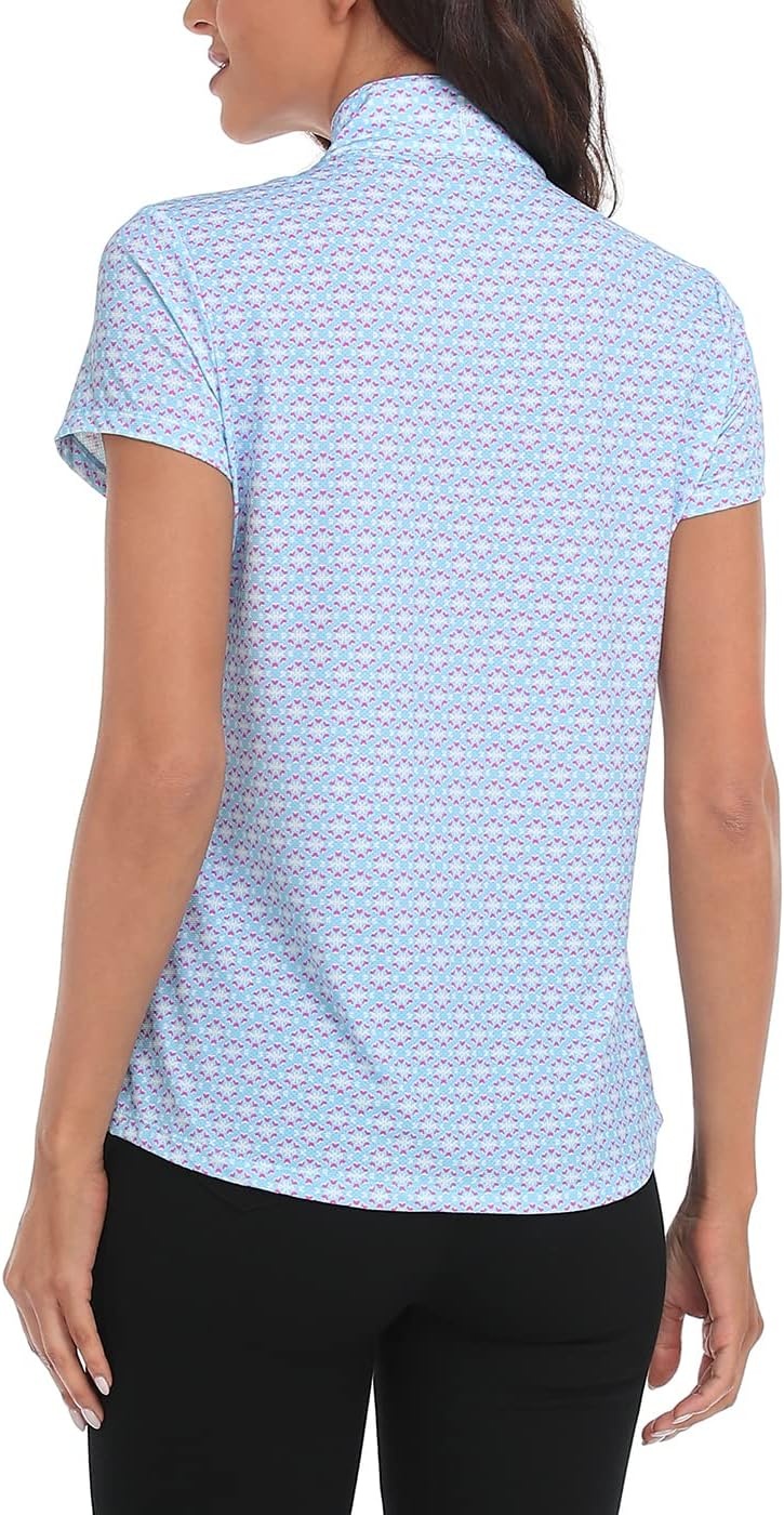 image:imageLRD Womens Golf Polo Shirt Short Sleeve Quarter Zip Mock Neck Tennis Shirt UPF 30 Sun Protection Quick Dry Performance TopMini Abstract Pink