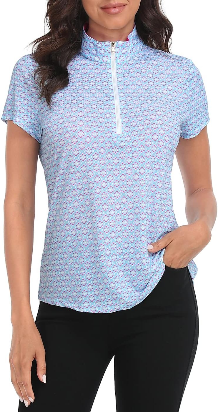 image:imageLRD Womens Golf Polo Shirt Short Sleeve Quarter Zip Mock Neck Tennis Shirt UPF 30 Sun Protection Quick Dry Performance TopMini Abstract Pink