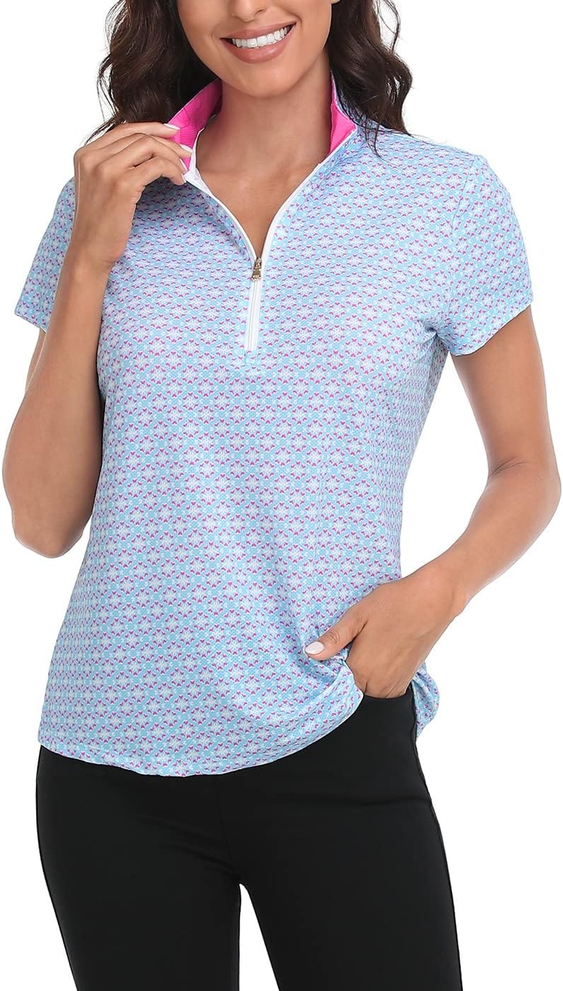 image:imageLRD Womens Golf Polo Shirt Short Sleeve Quarter Zip Mock Neck Tennis Shirt UPF 30 Sun Protection Quick Dry Performance TopMini Abstract Pink