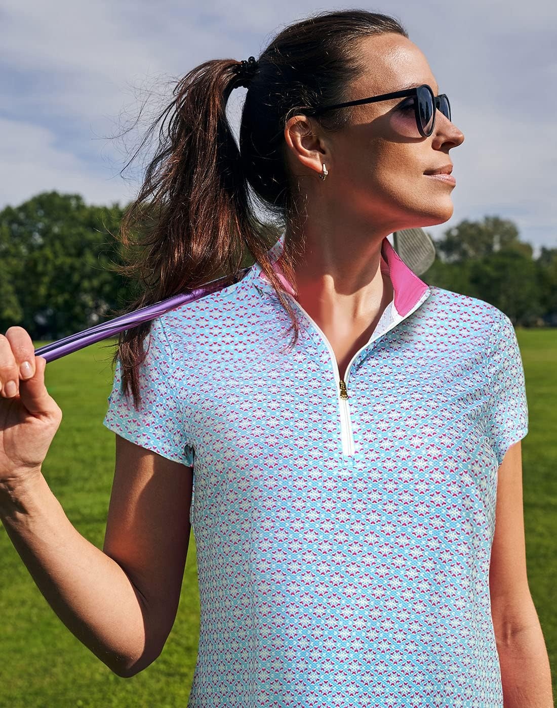 image:imageLRD Womens Golf Polo Shirt Short Sleeve Quarter Zip Mock Neck Tennis Shirt UPF 30 Sun Protection Quick Dry Performance TopMini Abstract Pink