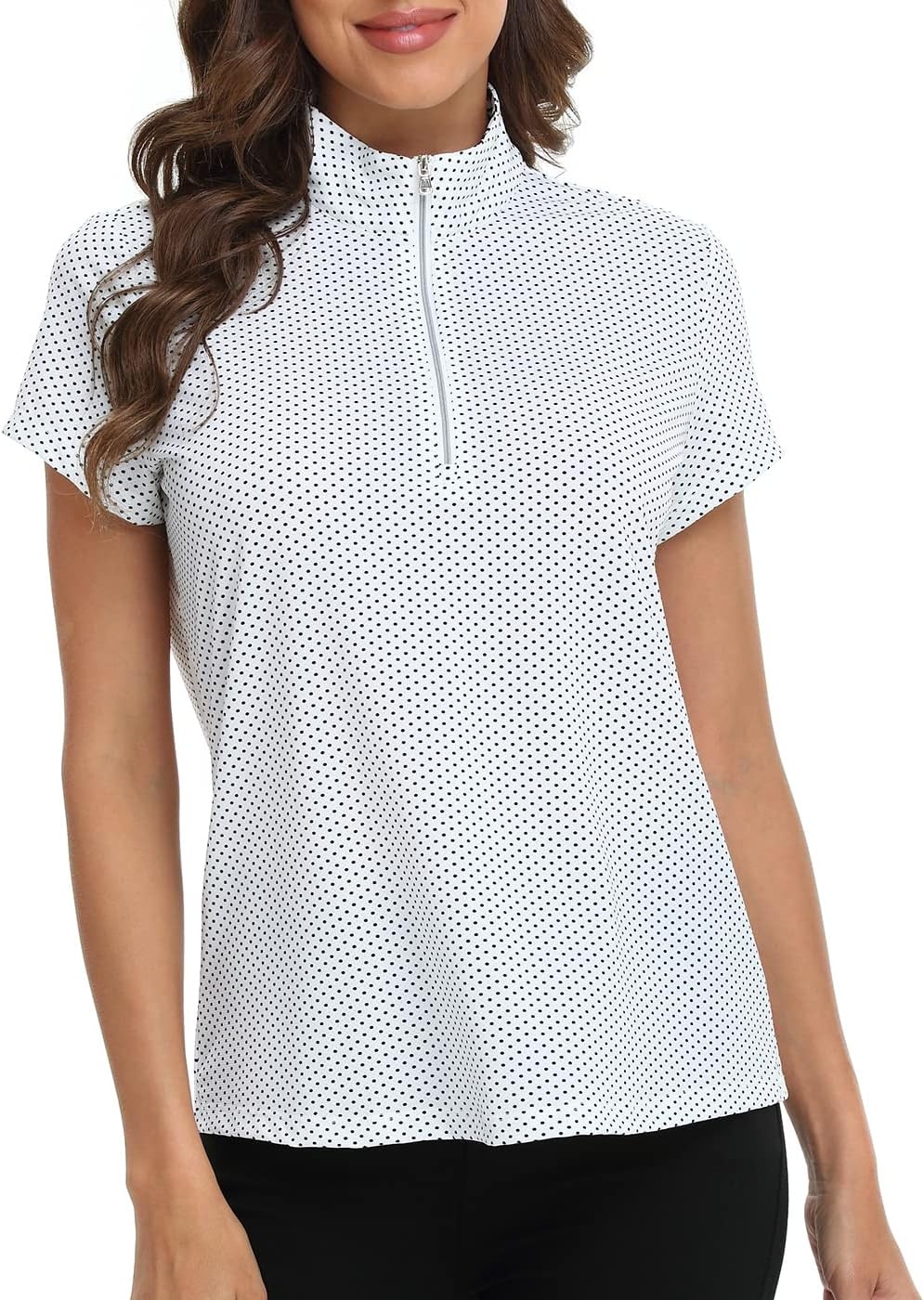 image:imageLRD Womens Golf Polo Shirt Short Sleeve Quarter Zip Mock Neck Tennis Shirt UPF 30 Sun Protection Quick Dry Performance TopPolka Dots Floral