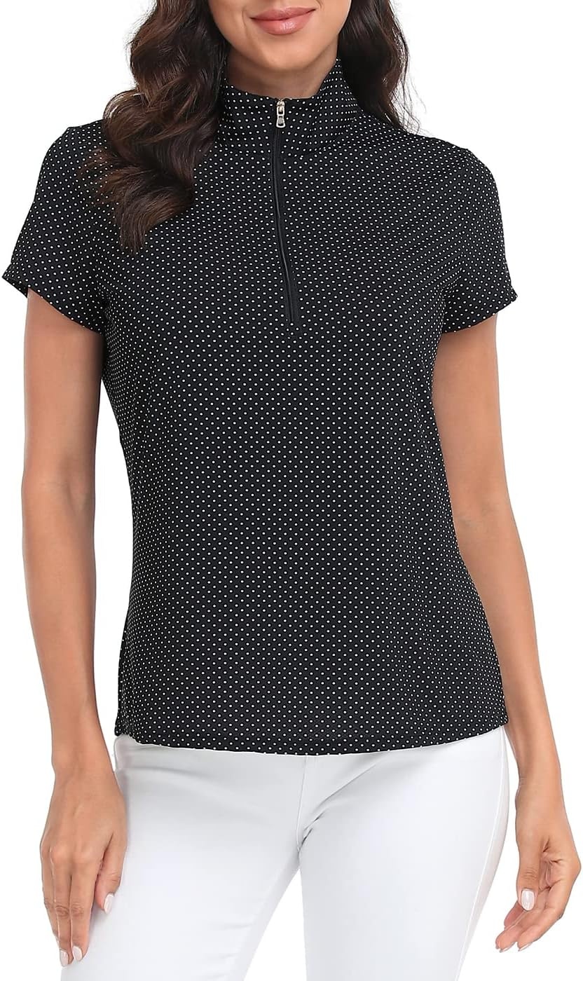 image:imageLRD Womens Golf Polo Shirt Short Sleeve Quarter Zip Mock Neck Tennis Shirt UPF 30 Sun Protection Quick Dry Performance TopPolka Dots Pink Aloha