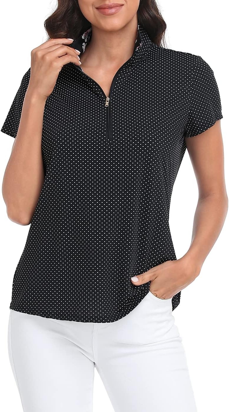 image:imageLRD Womens Golf Polo Shirt Short Sleeve Quarter Zip Mock Neck Tennis Shirt UPF 30 Sun Protection Quick Dry Performance TopPolka Dots Pink Aloha