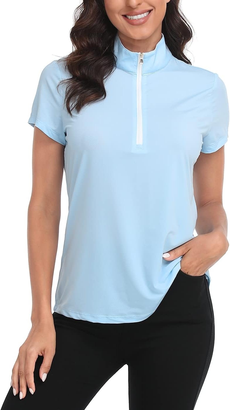 image:imageLRD Womens Golf Polo Shirt Short Sleeve Quarter Zip Mock Neck Tennis Shirt UPF 30 Sun Protection Quick Dry Performance TopSporty Blue White