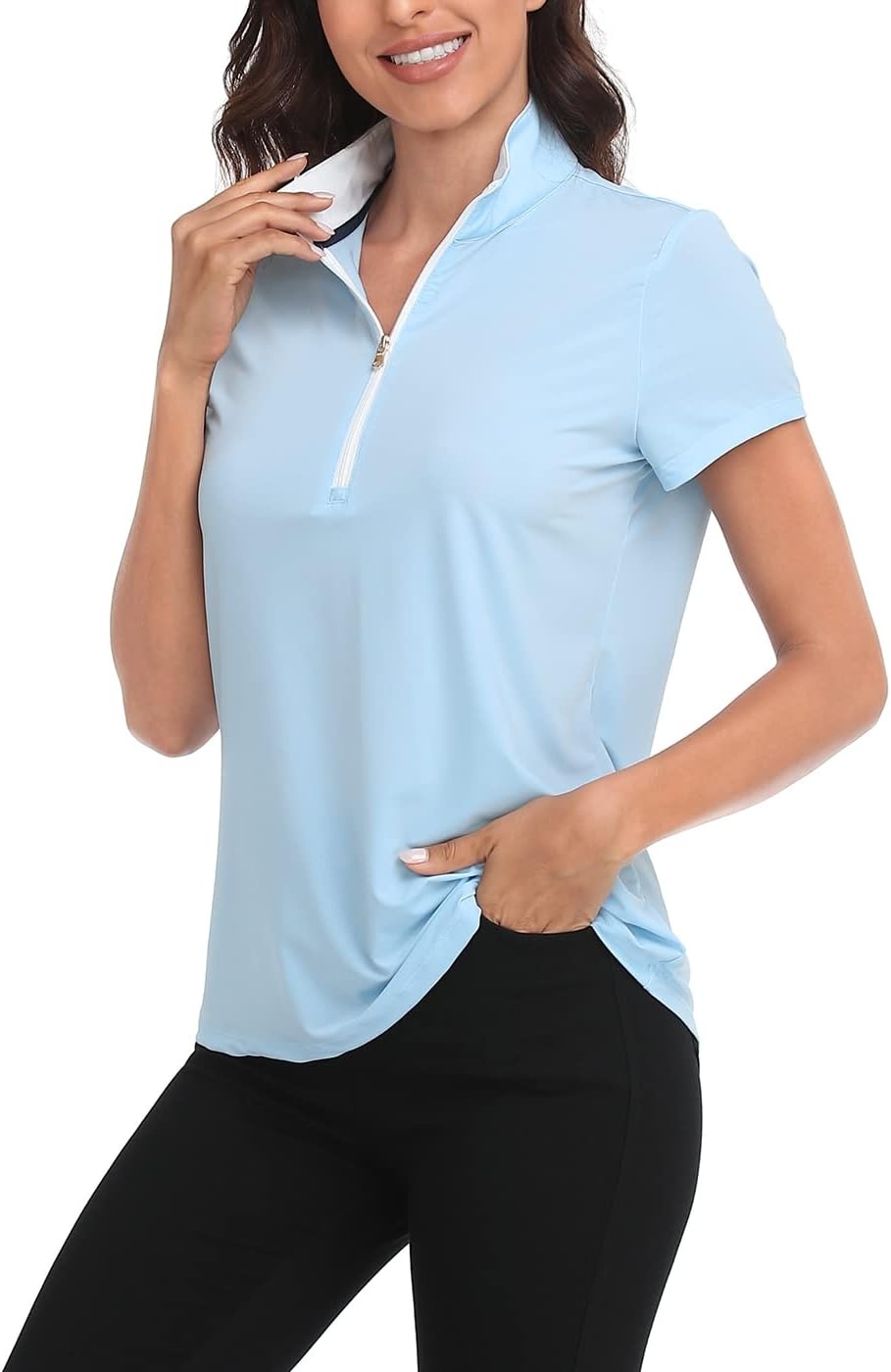 image:imageLRD Womens Golf Polo Shirt Short Sleeve Quarter Zip Mock Neck Tennis Shirt UPF 30 Sun Protection Quick Dry Performance TopSporty Blue White