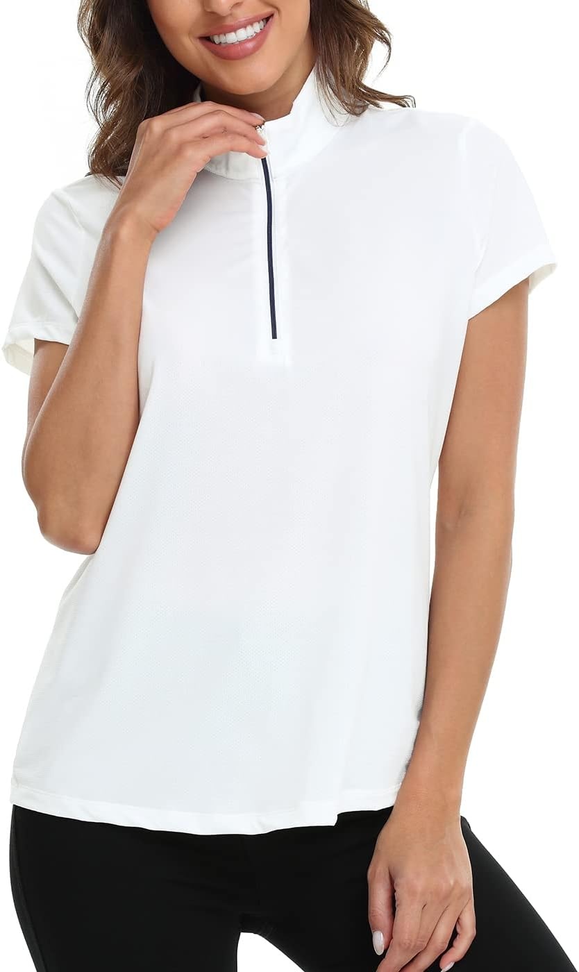 image:imageLRD Womens Golf Polo Shirt Short Sleeve Quarter Zip Mock Neck Tennis Shirt UPF 30 Sun Protection Quick Dry Performance TopWhite Floral