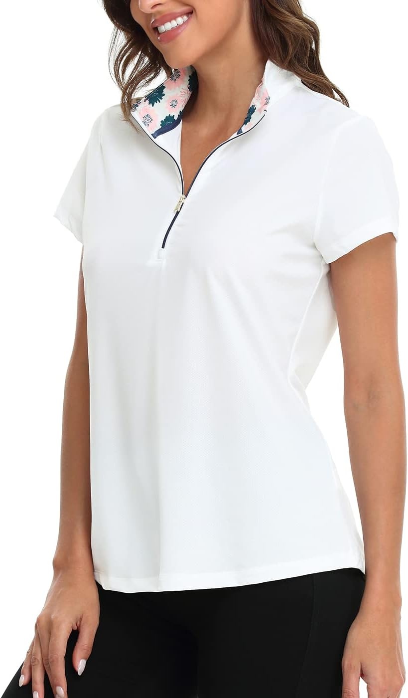 image:imageLRD Womens Golf Polo Shirt Short Sleeve Quarter Zip Mock Neck Tennis Shirt UPF 30 Sun Protection Quick Dry Performance TopWhite Floral