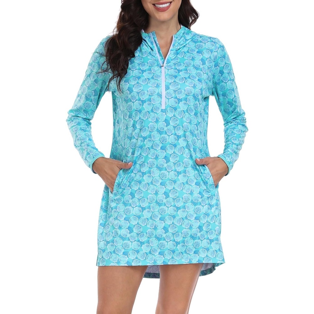 image:imageHDE Beach Coverups for Women UPF 50 Long Sleeve Swim Cover Up Dress with Hood Quick Dry Sun Protection Tunic with PocketsOcean Mist Seashells