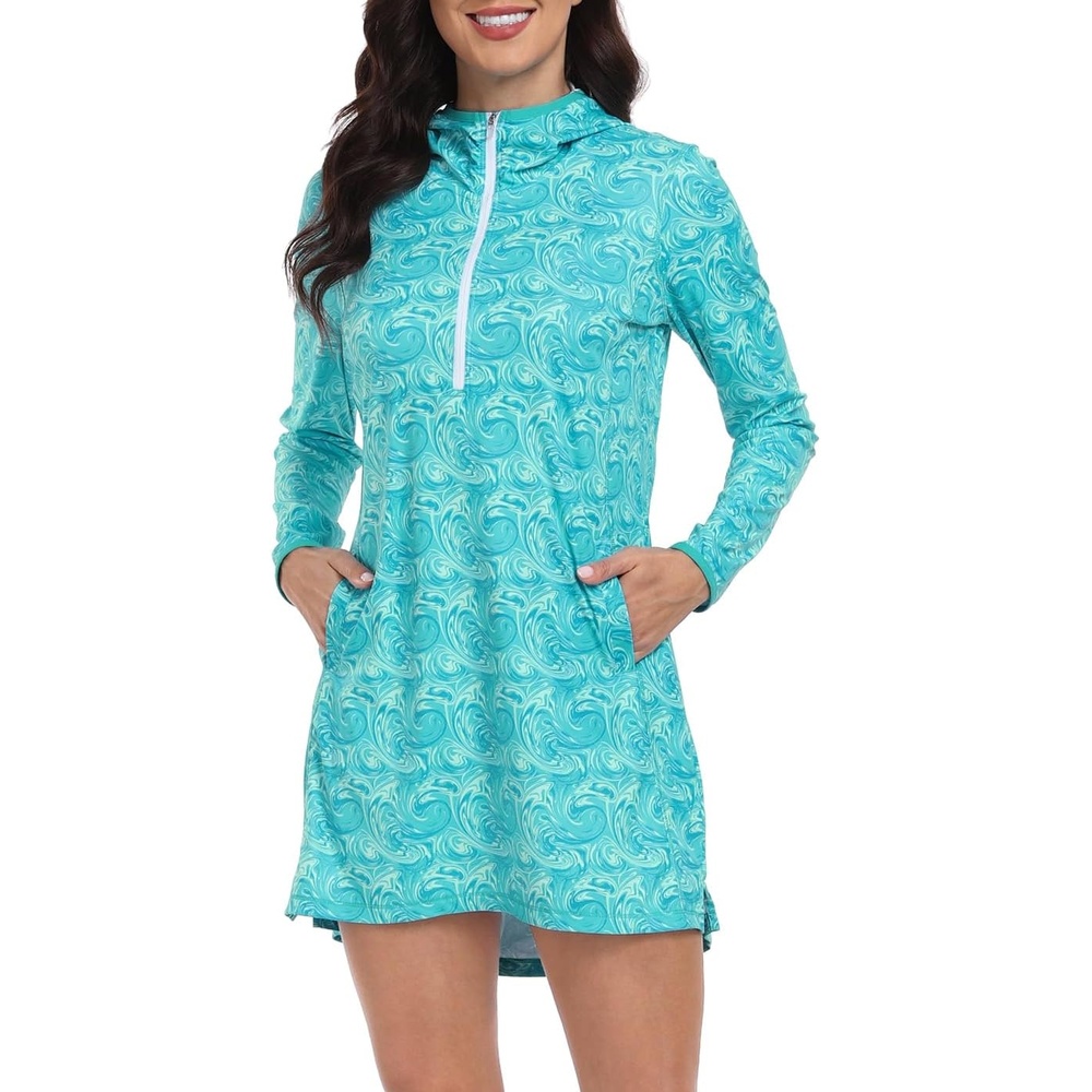 image:imageHDE Beach Coverups for Women UPF 50 Long Sleeve Swim Cover Up Dress with Hood Quick Dry Sun Protection Tunic with PocketsOcean Swirl