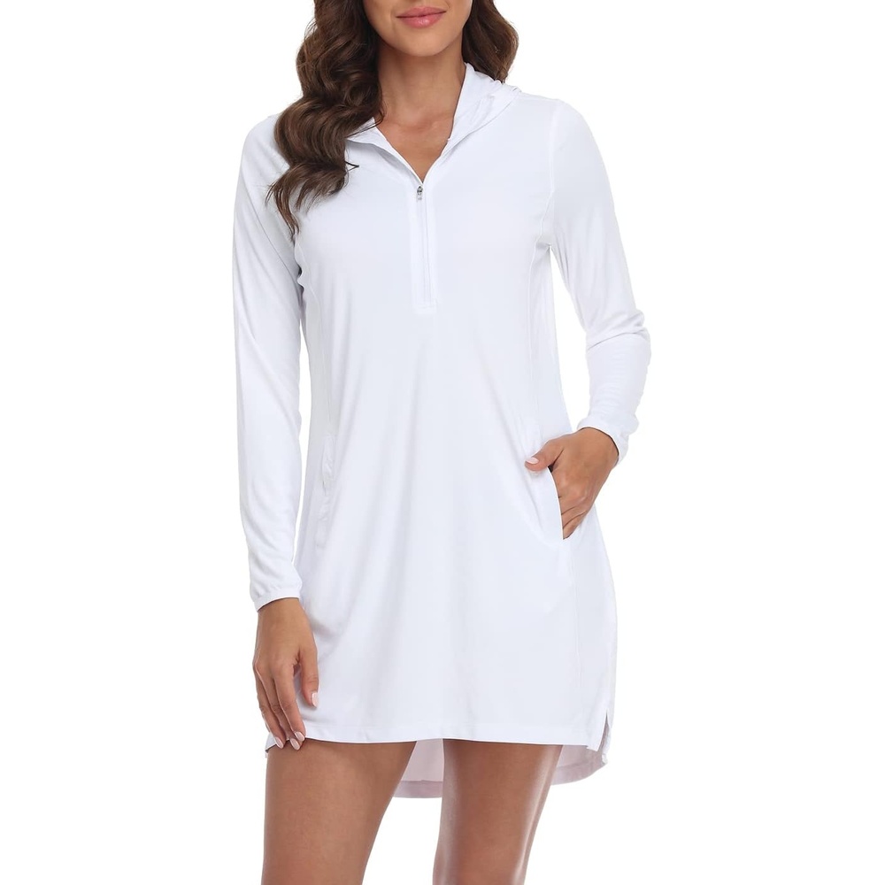 image:imageHDE Beach Coverups for Women UPF 50 Long Sleeve Swim Cover Up Dress with Hood Quick Dry Sun Protection Tunic with PocketsWhite