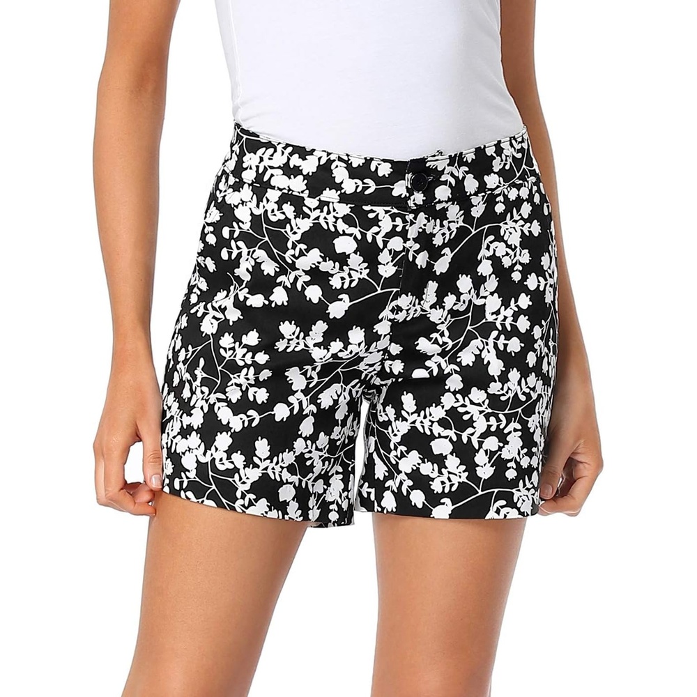 image:imageHDE Chino Shorts for Women 5 Inseam High Waisted Cotton Work Shorts with Pockets Casual Summer Travel Walking Golf ShortsBlack and White Blossom