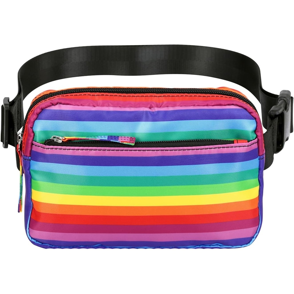 image:imageHDE Crossbody Bum Bag with Long Strap Cute Print 2L Mini Belt Bag Small Fanny Pack Easy Adjustable Length Sling for Women Black Floral PopRainbow Stripe