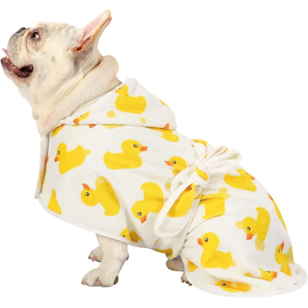 image:imageHDE Dog Bathrobe Super Absorbent Quick Drying Puppy Towel Wrap Coat Adjustable After Bath Robes with Hood for Dog Sizes SXXL Blue Rubber Ducks SWhite Rubber Ducks