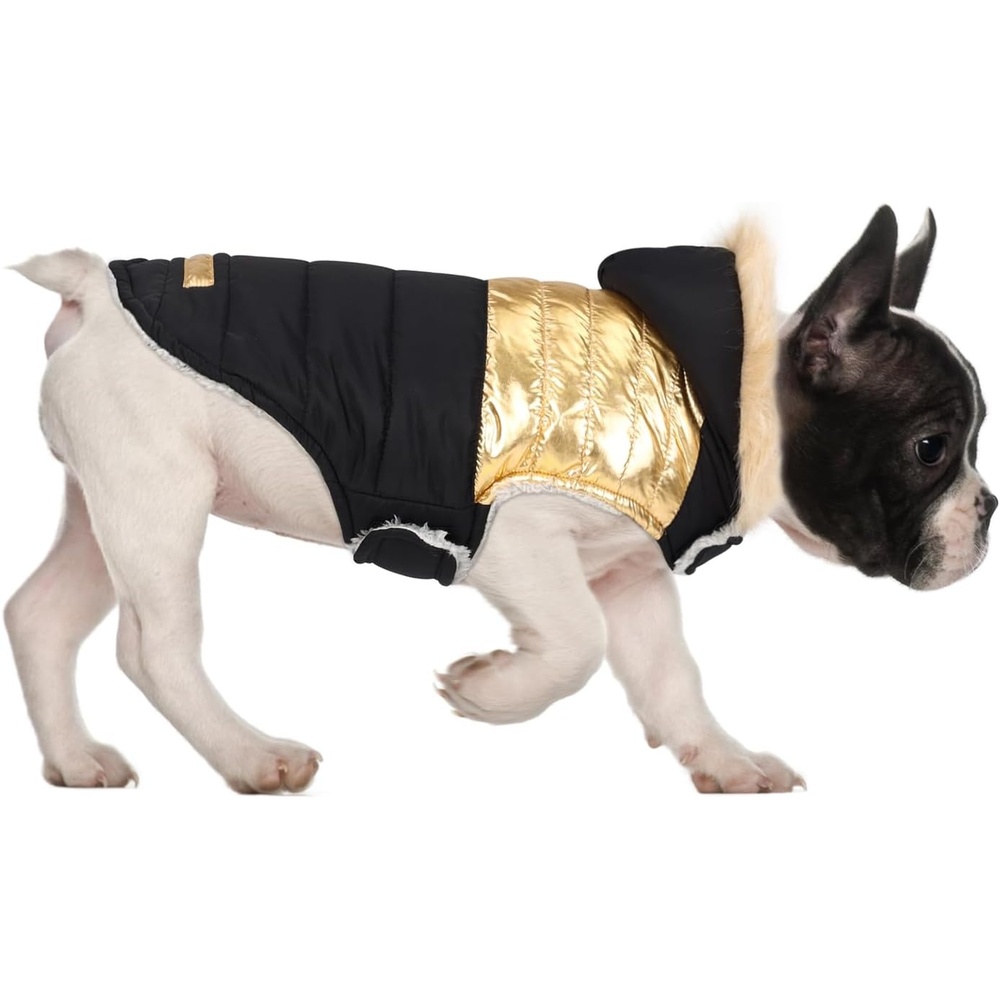 image:imageHDE Dog Puffer Jacket Fleece Lined Warm Dog Parka Winter Coat with Harness Hole 90s Black and Gold Metallic S90s Black and Gold Metallic