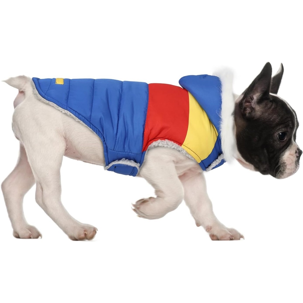 image:imageHDE Dog Puffer Jacket Fleece Lined Warm Dog Parka Winter Coat with Harness Hole 90s Black and Gold Metallic S90s Colorblock